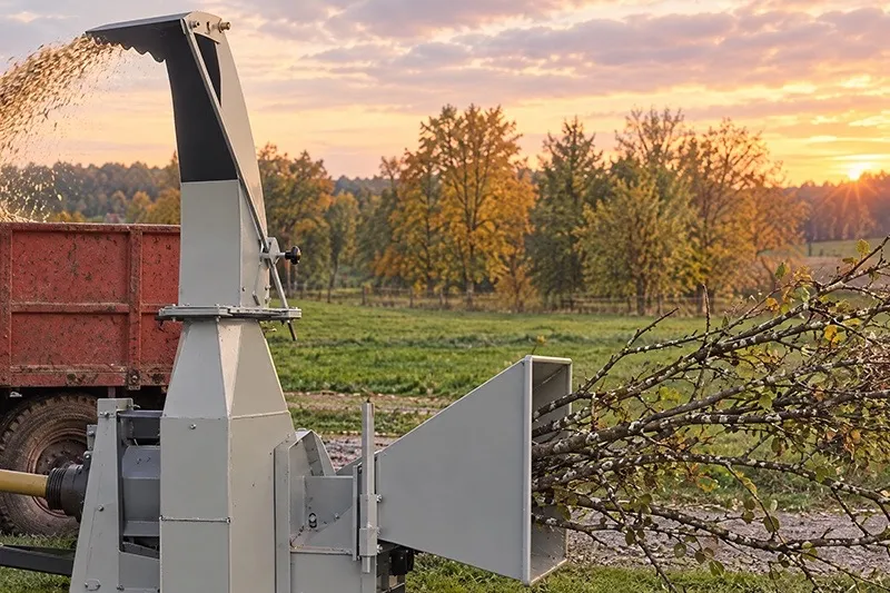 Nussreiner Holzhäcksler am Traktor auf der Wiese: Äste im Einzugstrichter, Hackschnitzel fliegen aus dem Auswurf auf den Anhänger